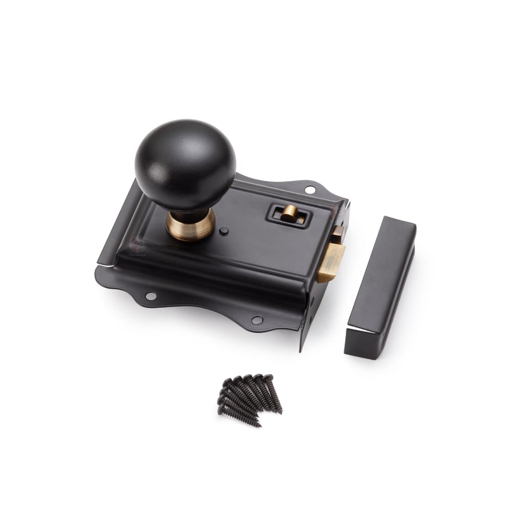 Black Victorian Rim Lock with Ebony & Brass Bun Knobs – ABHardware