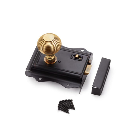 Black Antique Olde Victorian Rim Lock Heavy Aged Brass Beehive Door Knobs