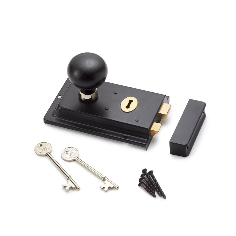 Black Flanged Rim Lock with Ebonised Nickel Bun Knobs – ABHardware