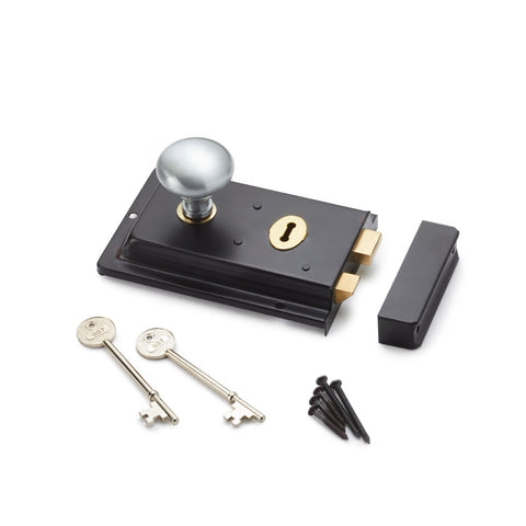 Black Brass Flanged Rim Lock Satin Chrome Cottage Door Knobs