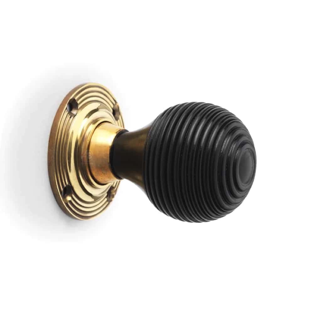 Black Brass Olde Victorian Rim Lock Ebonised Aged Brass Beehive Door Knobs