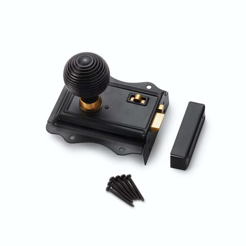 Black Brass Olde Victorian Rim Lock Ebonised Aged Brass Beehive Door Knobs