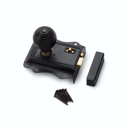 Black Brass Olde Victorian Rim Lock Ebonised Matt Antique Beehive Door Knobs