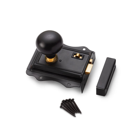 Black Brass Olde Victorian Rim Lock Ebony Aged Brass Bun Door Knobs