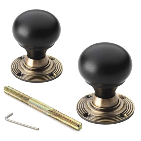Black Brass Olde Victorian Rim Lock Ebony Antique Brass Bun Door Knobs