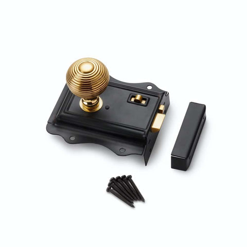 Black Brass Olde Victorian Rim Lock Hollow Aged Brass Beehive Door Knobs