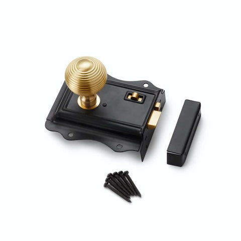 Black Brass Olde Victorian Rim Lock Hollow Satin Brass Beehive Door Knobs