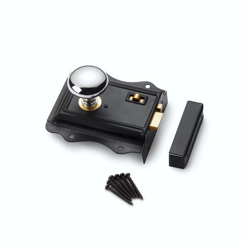 Black Brass Olde Victorian Rim Lock Polished Chrome Cottage Door Knobs