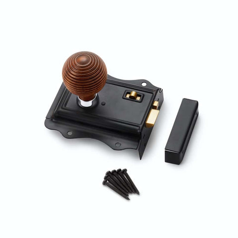 Black Brass Olde Victorian Rim Lock Rosewood Polished Chrome Beehive Door Knobs