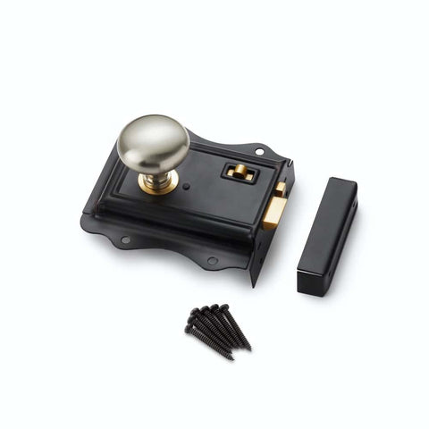 Black Brass Olde Victorian Rim Lock Satin Nickel Cottage Door Knobs