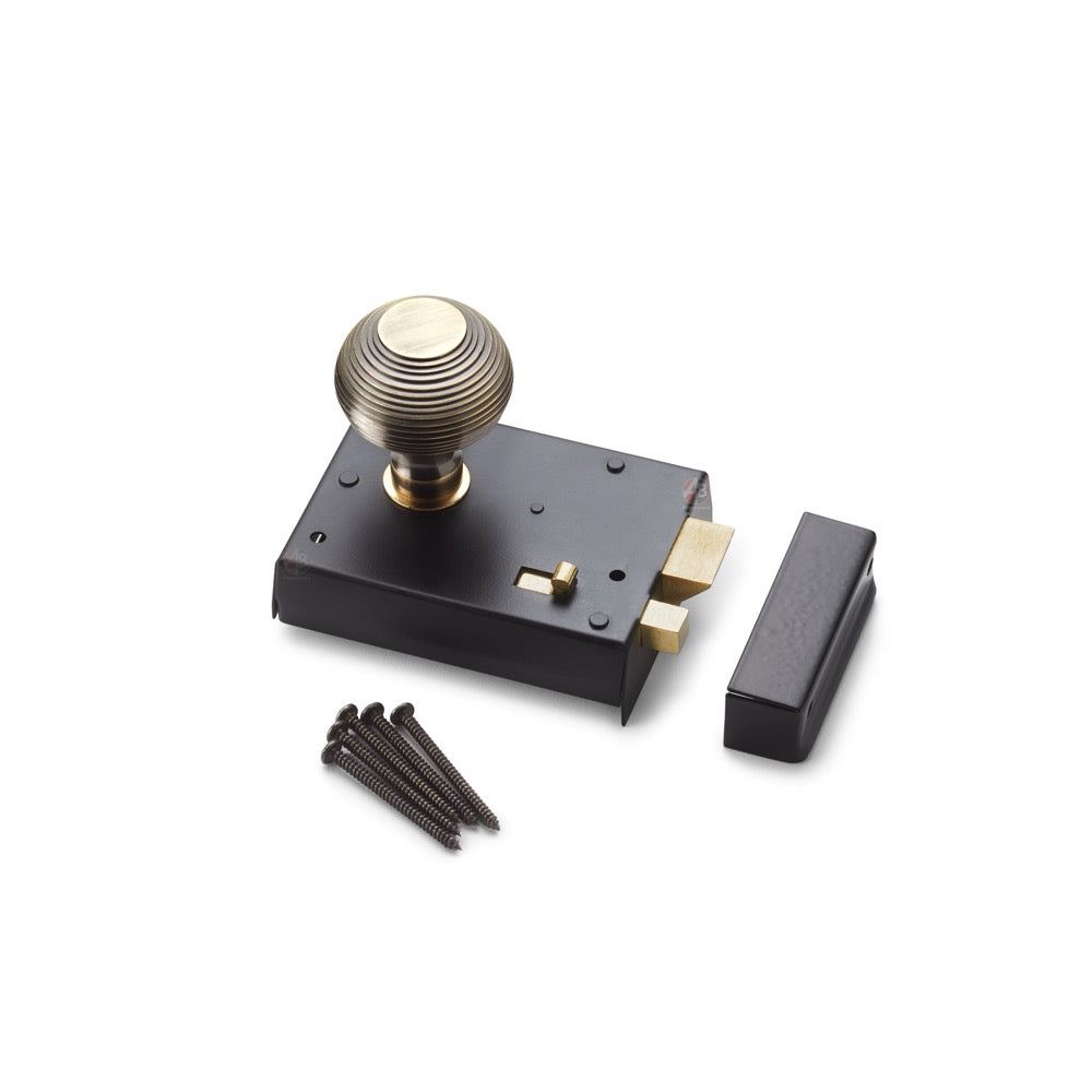 Black Brass Rim Lock with Heavy Antique Brass Beehive Knobs – ABHardware