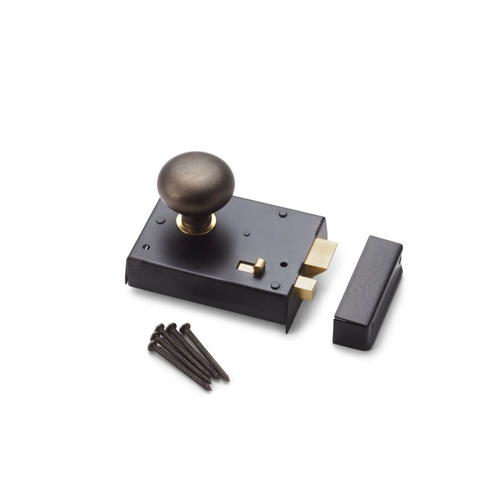 Solid Brass Victorian Style Door Rim Knob Set With Bedroom Latch – Antique Brass Finish