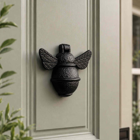 Black cast iron bumble bee door knocker fitted to a sage green front door