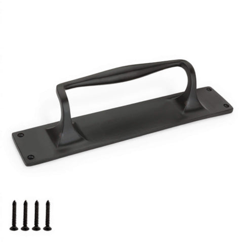Black cast iron door pull handle on backplate shown horizontally with four matching black fixing screws included.