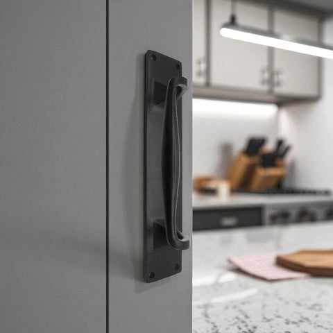 Black Cast Iron Door Pull Handle On Backplate 300mm x 60mm