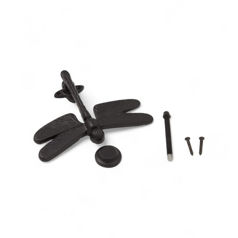 Dragonfly door knocker with mounting bolts, screws, and strike plate displayed on white background.