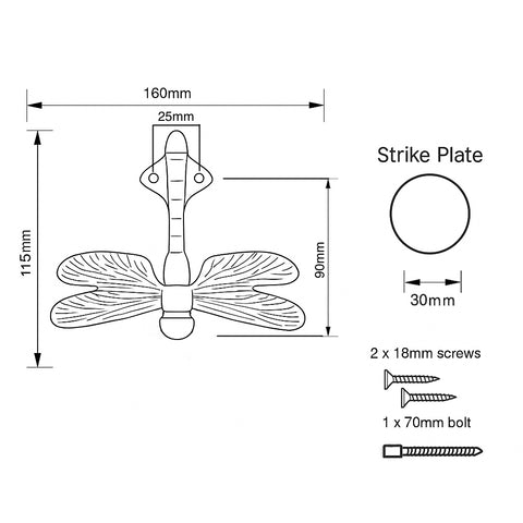 Technical drawing with dimensions for black cast iron dragonfly door knocker and fittings.