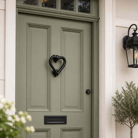 Powder Coated Black Cast Iron Heart Door Knocker Installed on a Sage Green Front Door