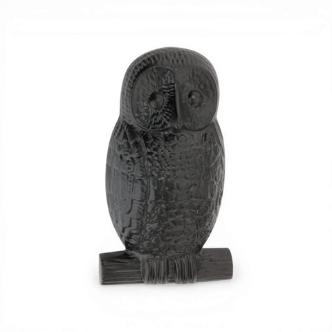 Black cast iron owl door knocker front view with decorative carved detailing.