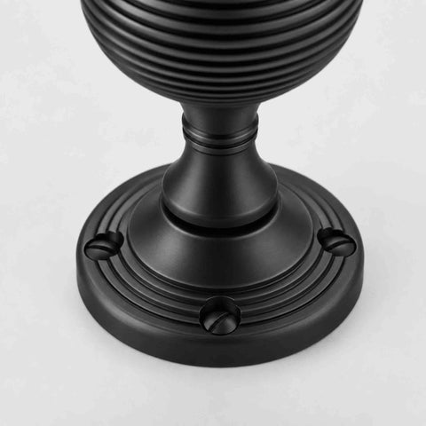 Close-up of black beehive door knob backplate with matching black fixing screws