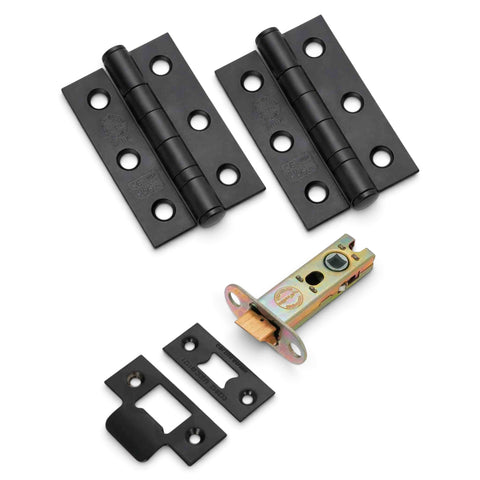 Complete black beehive door knob kit with tubular latch and CE7 ball bearing hinges
