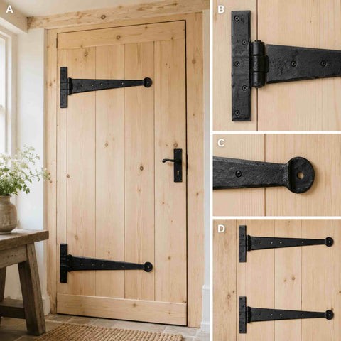 Black wrought iron penny end T hinges fitted to a natural timber ledge and brace door