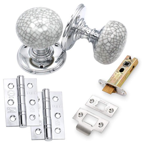 Blue crackle porcelain mortice door knob pair with polished chrome rose, 3 inch heavy duty latch and CE7 hinges set