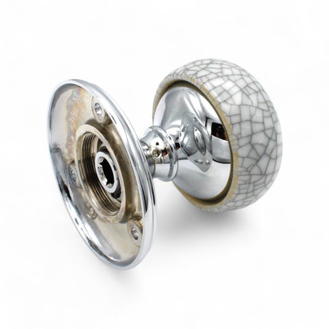 Rear view of blue crackle porcelain door knob showing fixing plate and spindle fitting