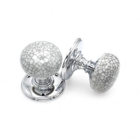 Blue crackle porcelain polished chrome mortice door knob pair
