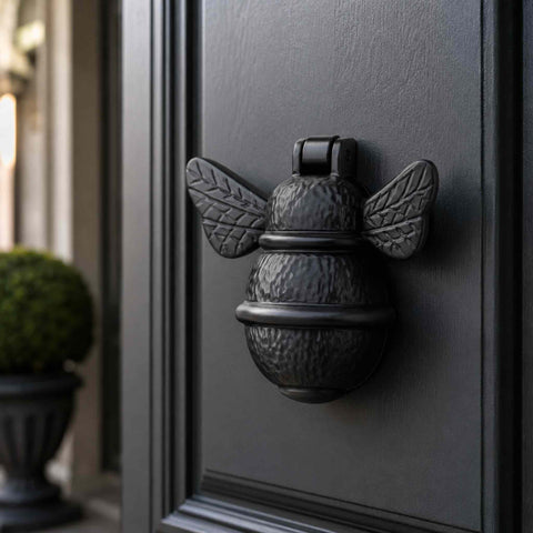 Black cast iron bumble bee door knocker centred on a black front door showing detailed wing design