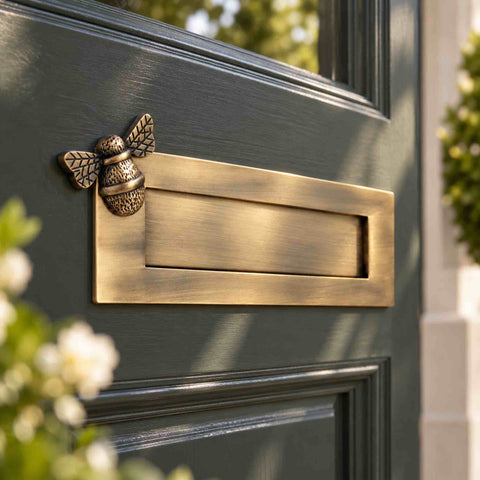 Antique brass Bumble Bee letter box plate on a traditional green front door in natural sunlight
