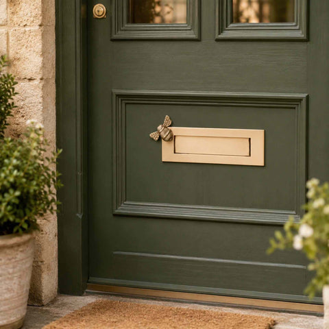 Polished brass Bumble Bee letter box plate fitted to a dark green traditional front door