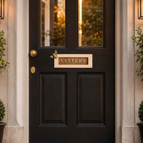 Unlacquered Polished Brass Bumble Bee LETTERS Letter Plate Installed on Traditional Black Front Door