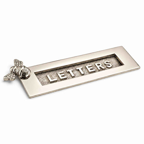 Polished nickel Bumble Bee “LETTERS” letter plate with raised lettering, textured flap and decorative bee detail