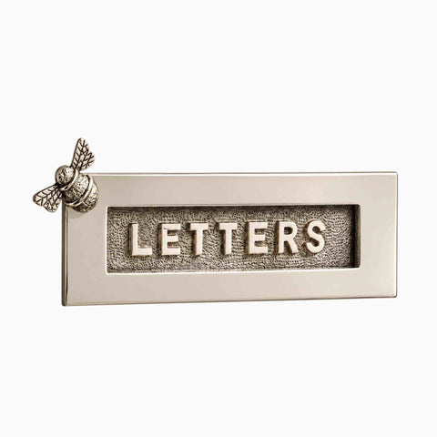1. Front view of polished nickel Bumble Bee “LETTERS” letter plate showing detailed bee design and raised textured lettering