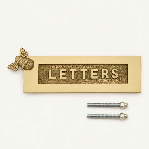 Solid brass satin brass bumble bee "LETTERS" letter plate supplied with matching fixing bolts, featuring a brushed finish and traditional raised lettering on a white background.