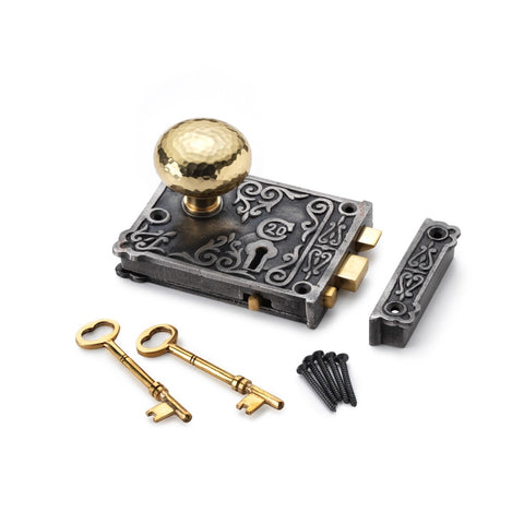 Cast Iron Floral Rim Lock Polished Brass Hammered Cottage Door Knobs