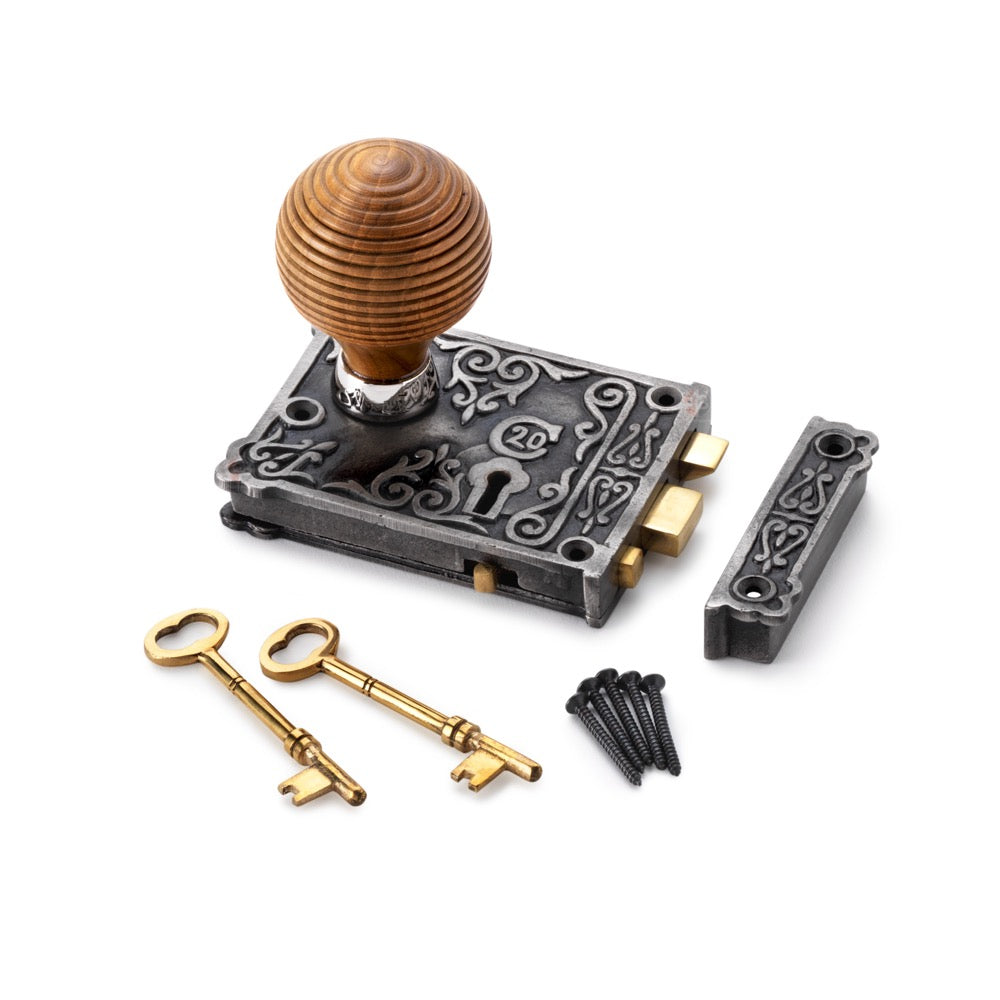 Cast Iron Floral Rim Lock Teak Polished Nickel Beehive Door Knobs | AB ...