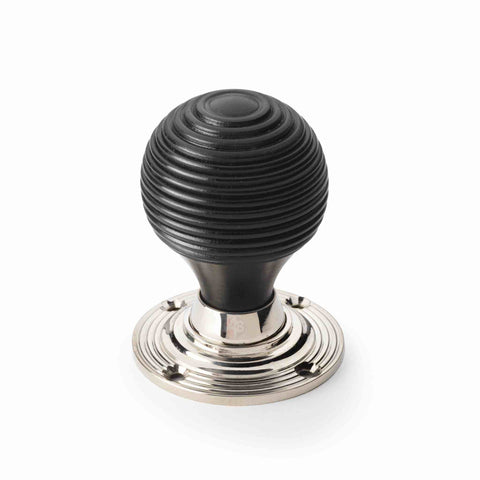 Ebonised beehive door knob with polished nickel reeded round backplate