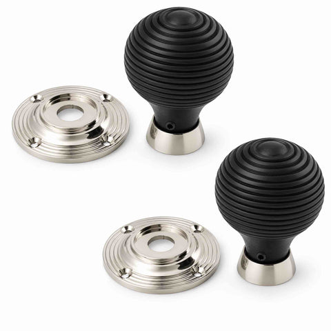 Ebonised black beehive door knob pair with removable polished nickel reeded backplates
