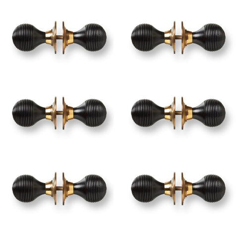 6 Pairs of Ebony Polished Brass Beehive Door Knobs