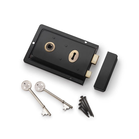 Steel Flanged Rim Lock With Two Keys Black & Antique Brass