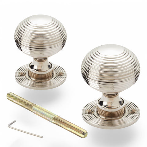 Heavy Polished Nickel Beehive Rim Mortice Door Knobs Knob Pair Set Solid Brass