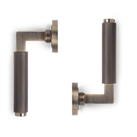 Knurled Antique Brass Internal Door Handle Pair Lever on Round Rose Sprung Set
