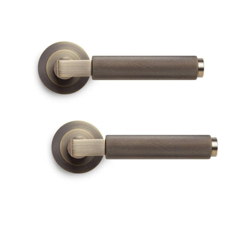 Knurled Antique Brass Internal Door Handle Pair Lever on Round Rose Sprung Set