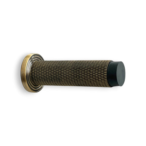 Knurled Cylinder Door Stop Reeded Backplate - Antique Brass