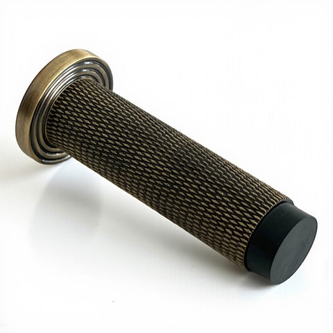 Knurled Cylinder Door Stop Reeded Backplate - Antique Brass