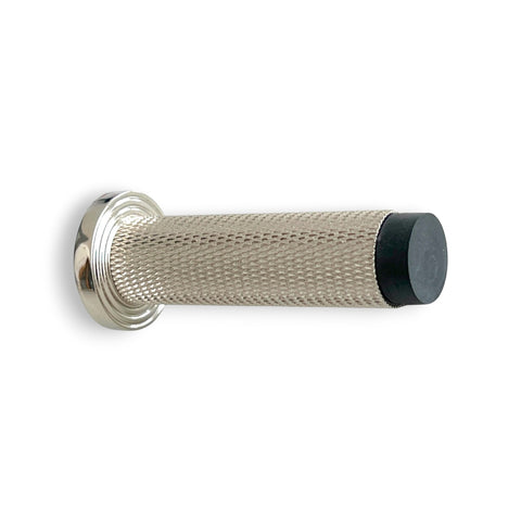 Knurled Cylinder Door Stop Reeded Backplate - Polished Nickel