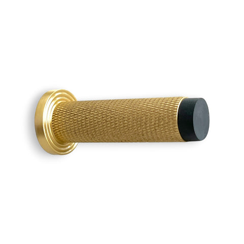 Knurled Cylinder Door Stop Reeded Backplate - Satin Brass