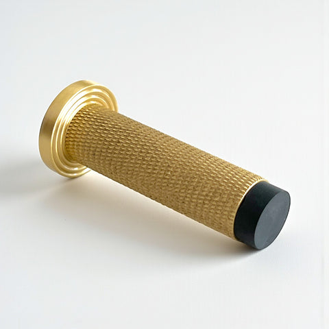 Knurled Cylinder Door Stop Reeded Backplate - Satin Brass